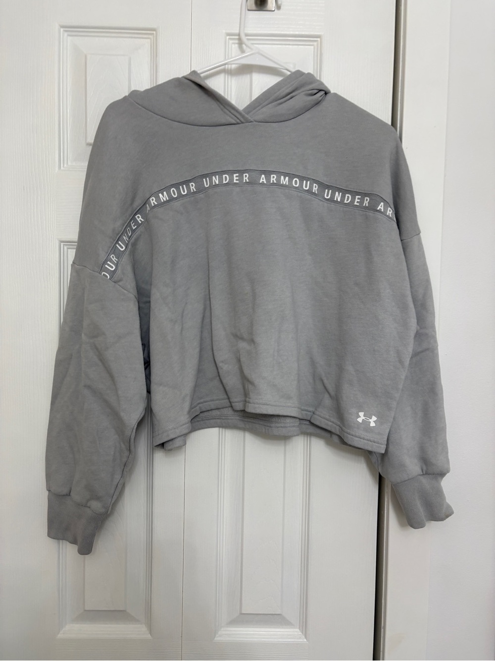 Under Armour Light Gray Cropped Hoodie with Branded Chest Tape